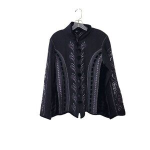Covelo Women's Black Embroidered Wool Blend Jacket With Velvet Trim Button Front